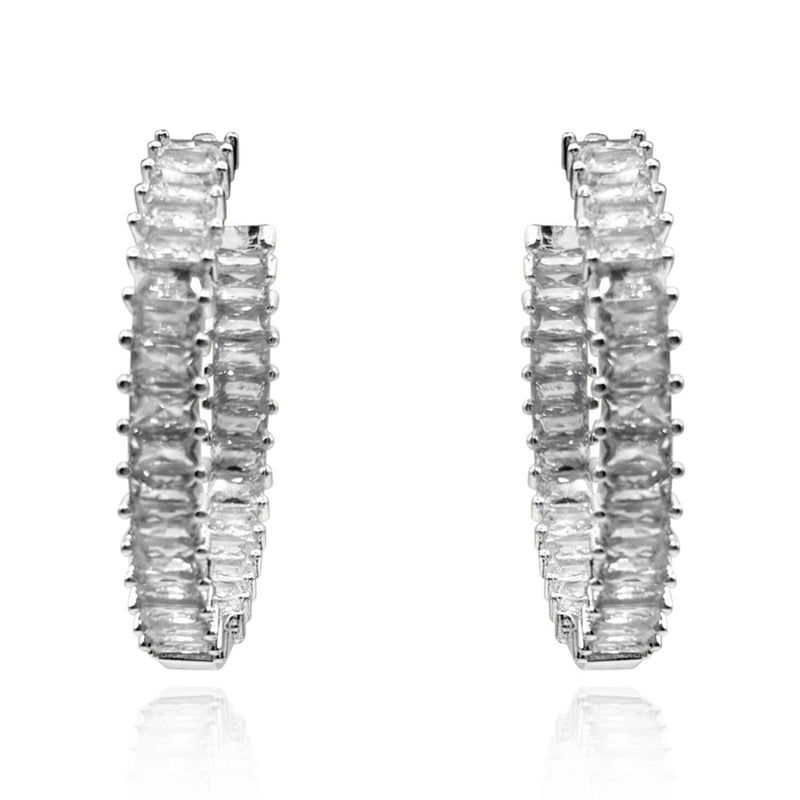 Large Rhodium Plated Baguette Hoop Earrings