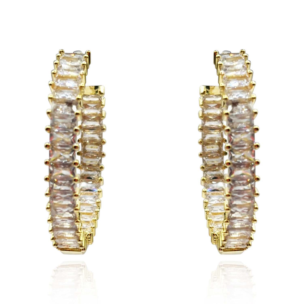 Large Gold Plated Cubic Zirconium Baguette Hoop Earrings