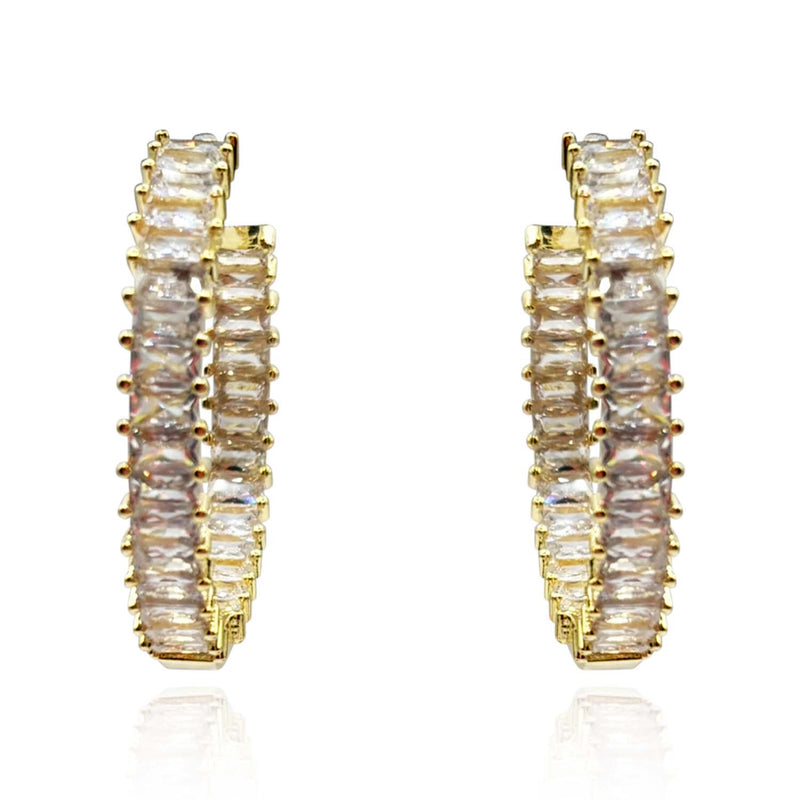 Large Gold Plated Cubic Zirconium Baguette Hoop Earrings