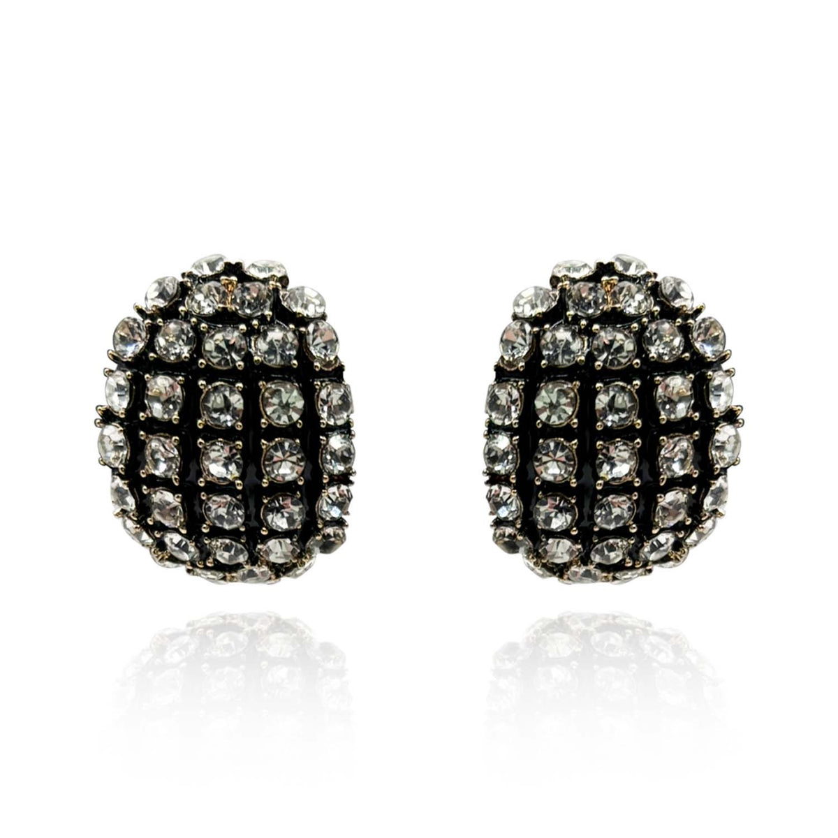 Elsa Black Enamel and Crystal Scalloped Button Clip Earrings