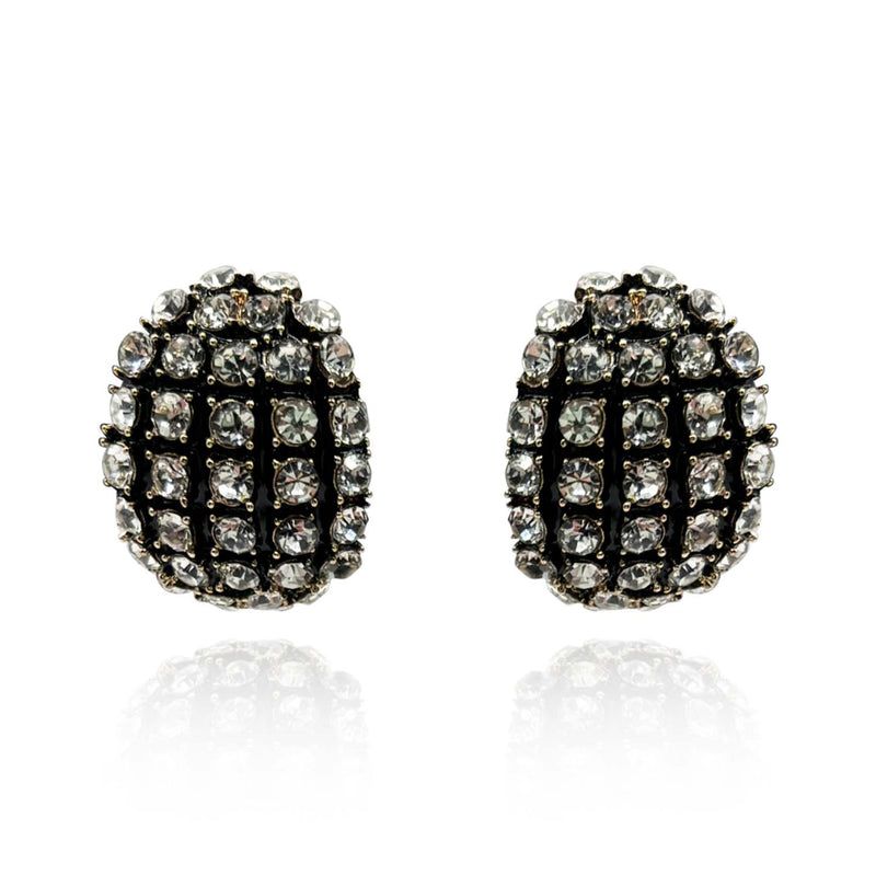 Elsa Black Enamel and Crystal Scalloped Button Clip Earrings