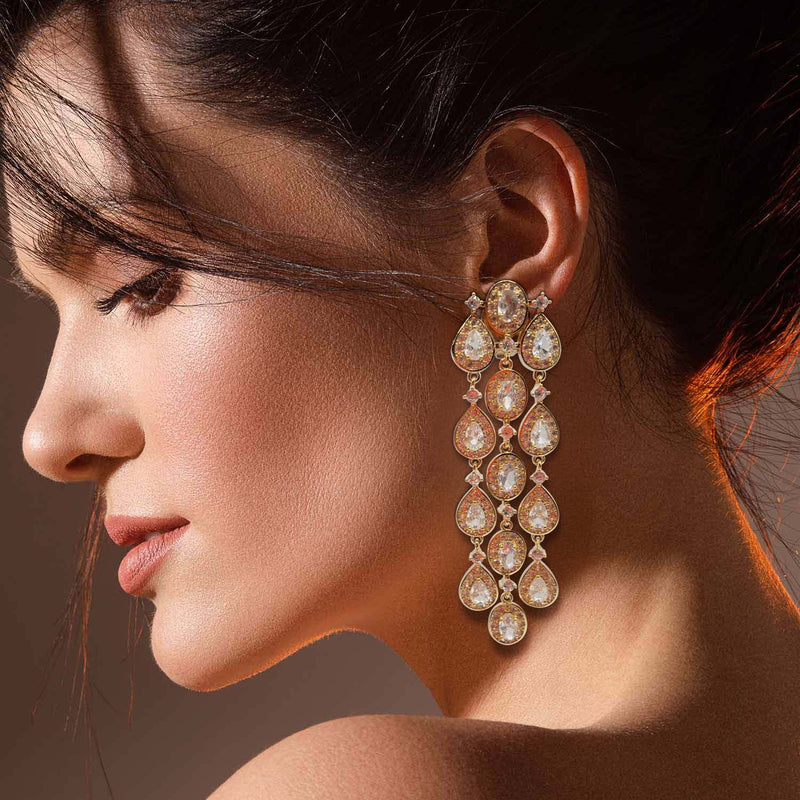 Multi Shape Crystal Drop Clip On Earrings Set In Gold Plate