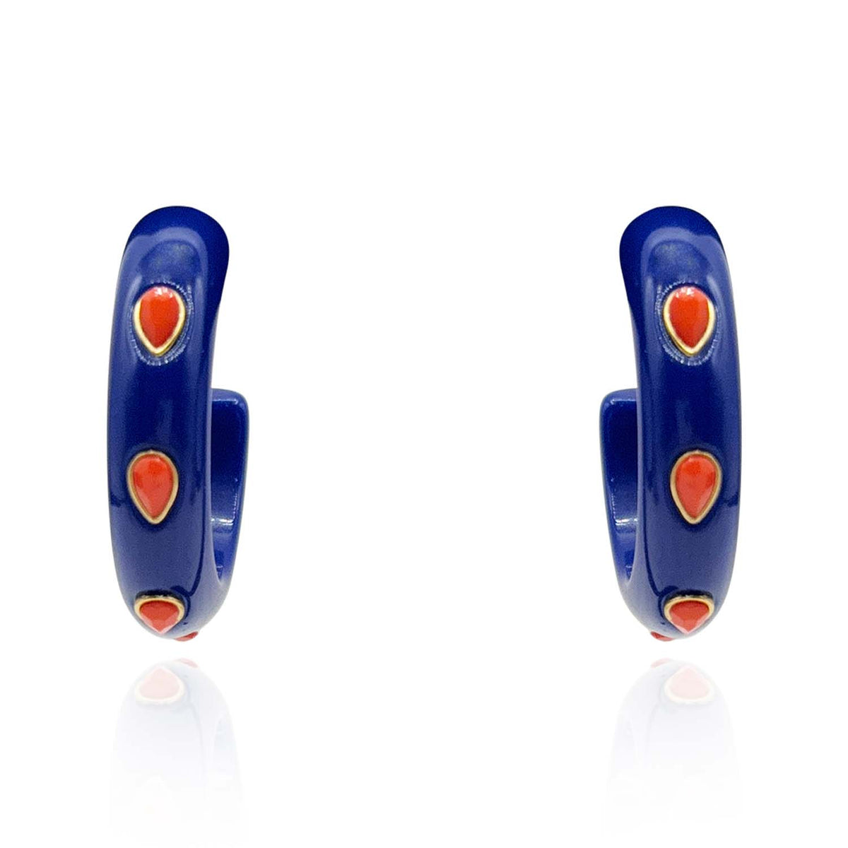 Navy Resin Hoop Earrings With Faceted Coral Glass Pear Stones