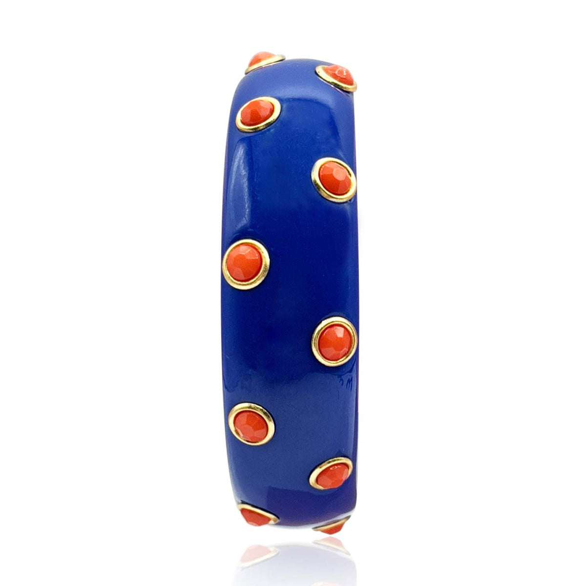 Navy Resin Bangle With Coral Glass Stones In Gold-Plated Brass Settings
