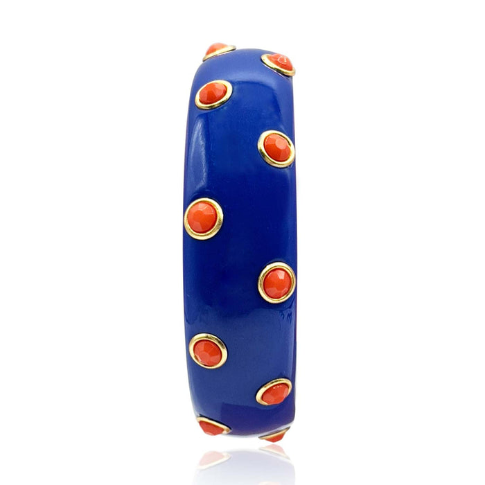 Navy Resin Bangle With Coral Glass Stones In Gold-Plated Brass Settings