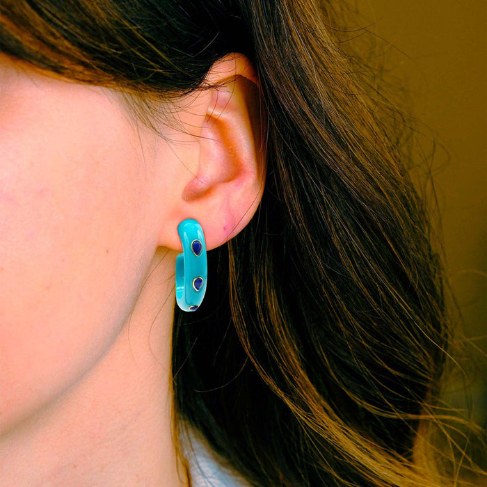 Turquoise Resin Hoop Earrings With Faceted Lapis Glass Pear Stones