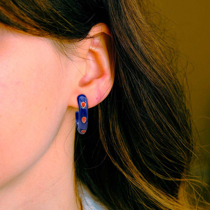 Navy Resin Hoop Earrings With Faceted Coral Glass Pear Stones