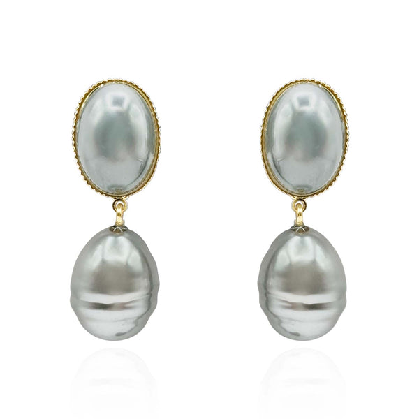 Emma Baroque Grey Glass Pearl Drop Clip Earrings