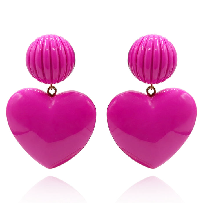 Amour Carved  Fuschia Resin Clip Heart Drop Earrings