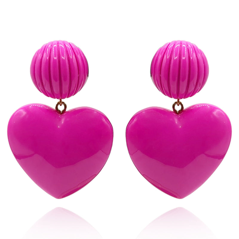 Amour Carved Fuschia Resin Pierced Heart Drop Earrings