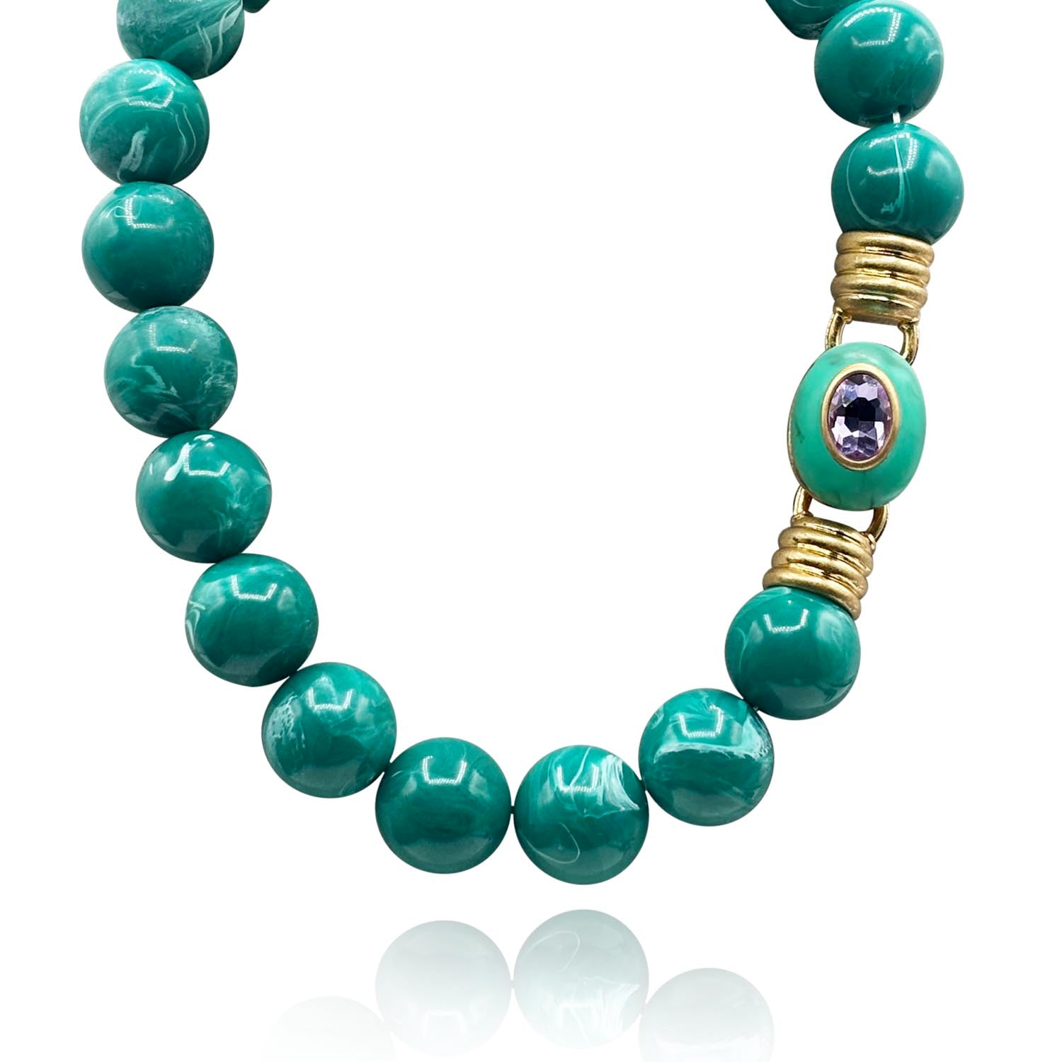 Caroline Malachite Resin Necklace With Pink Faceted Stone Clasp