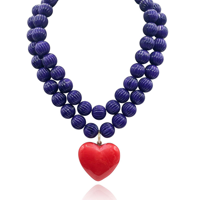 Amour Carved Amethys Bead Necklace With Coral Resin Heart Pendant