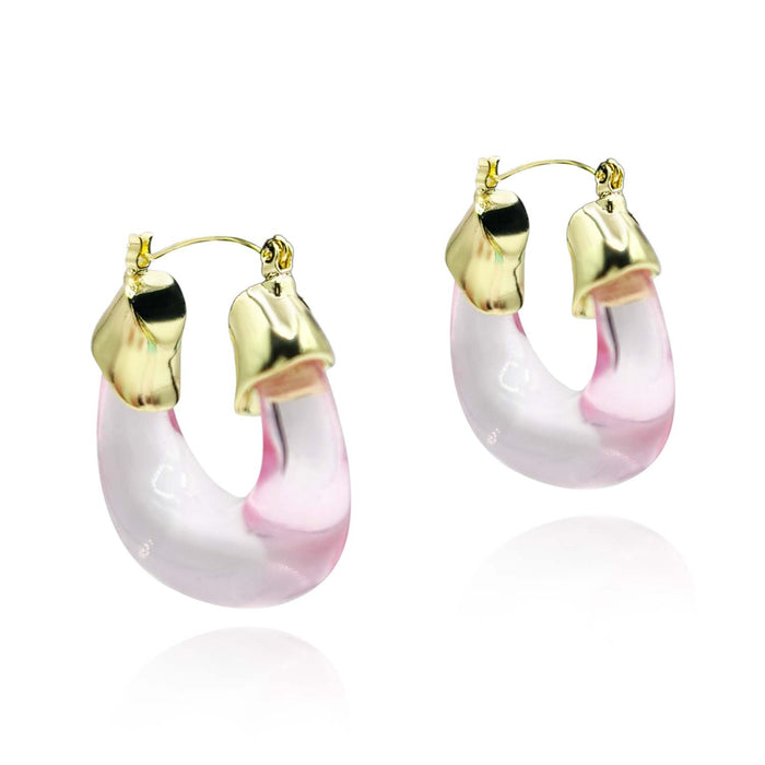 Transparent Rose Resin And Gold Hoop Earrings