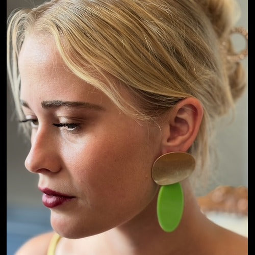 Chiara Worn Gold And Lime Green Pierced Resin Drop Earrings
