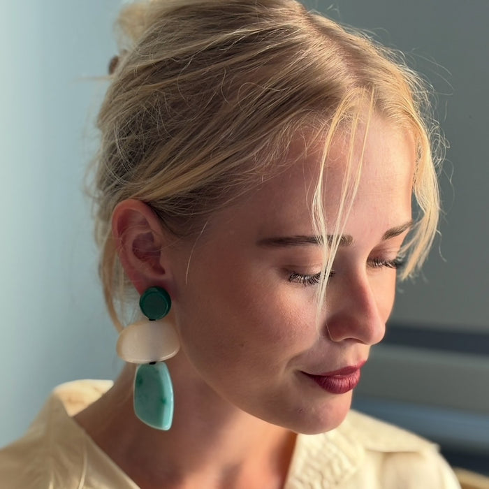 Puzzle Resin Green Multi Triple Drop Earrings