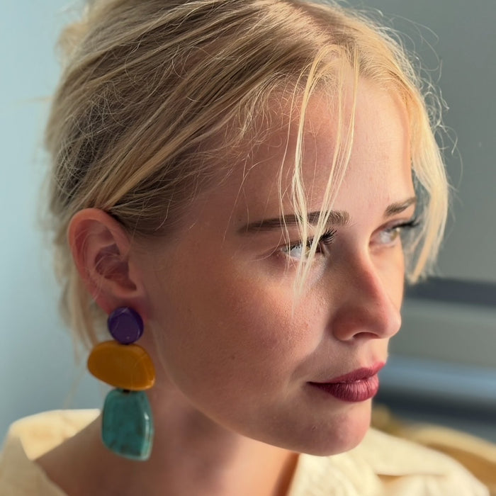 Puzzle Purple, Amber, Turquoise Multi Triple Drop Earrings