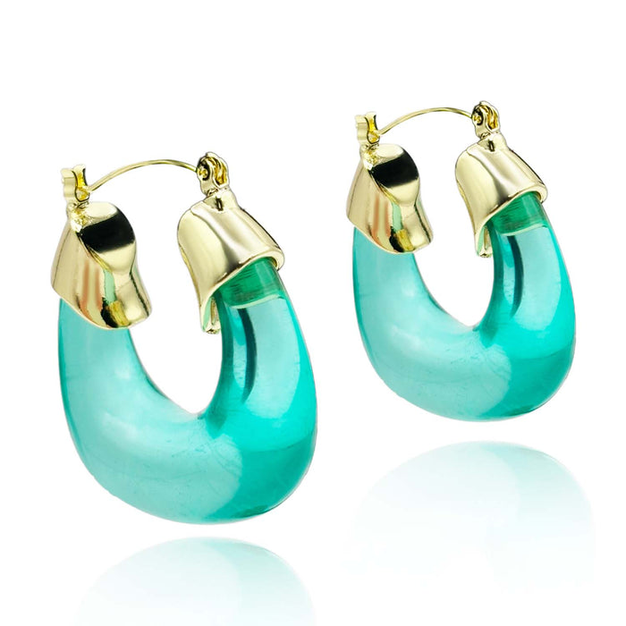 Transparent Teal Blue Resin And Gold Hoop Earrings