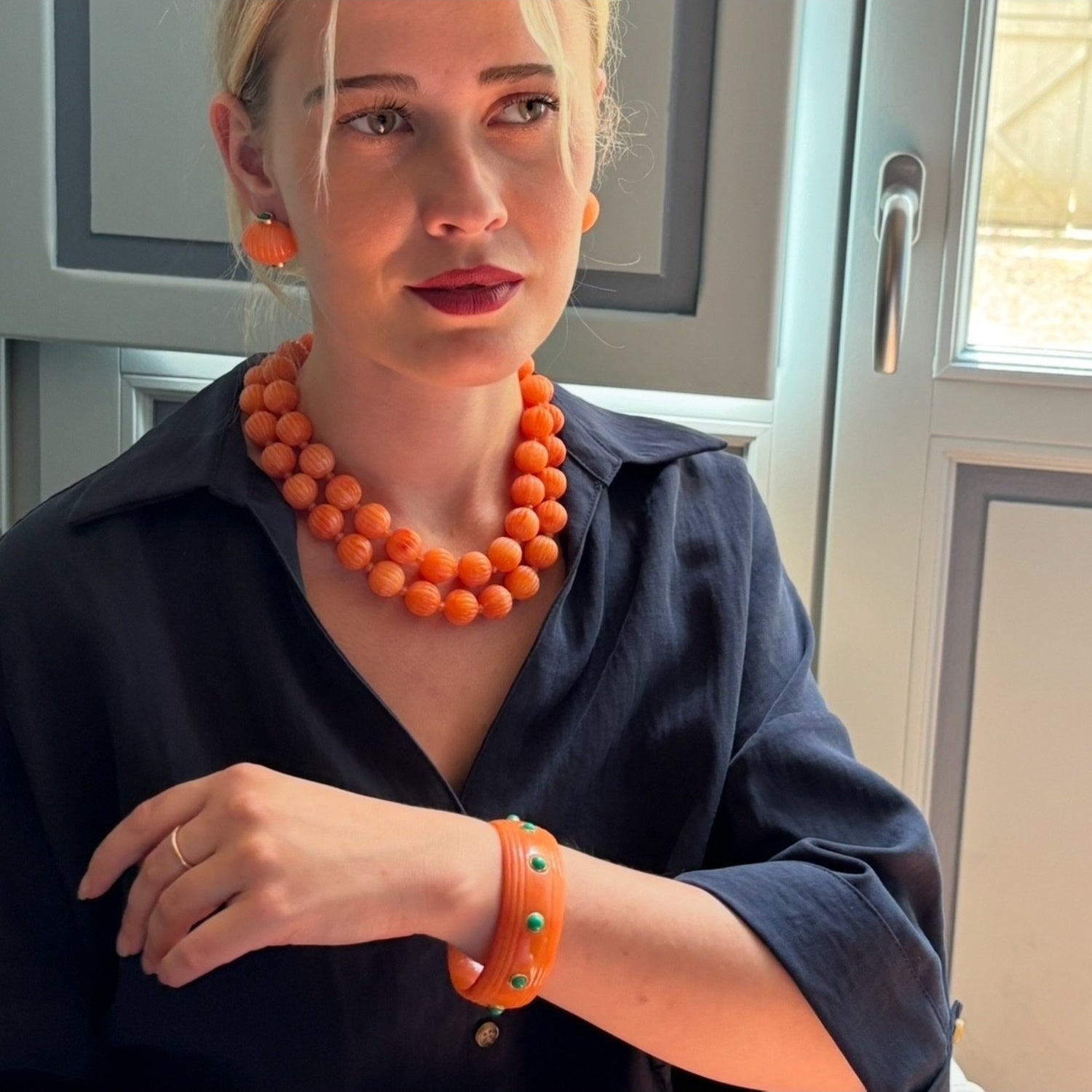 Vicenza Coral Resin Carved Seventeen And One Half Inches Melon Bead Necklace