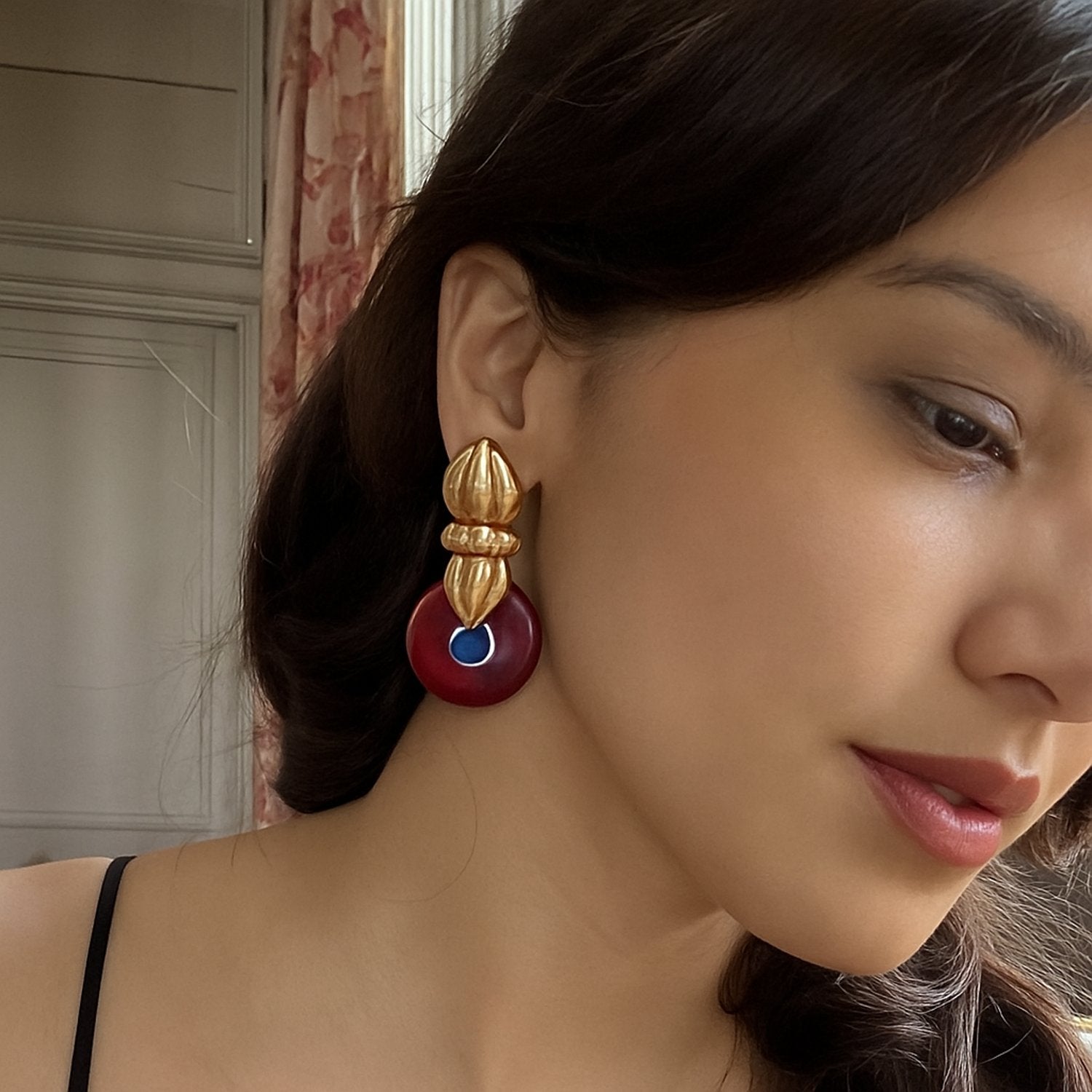 Annie Gold Drop Earring With Pink Tourmaline Resin Drop