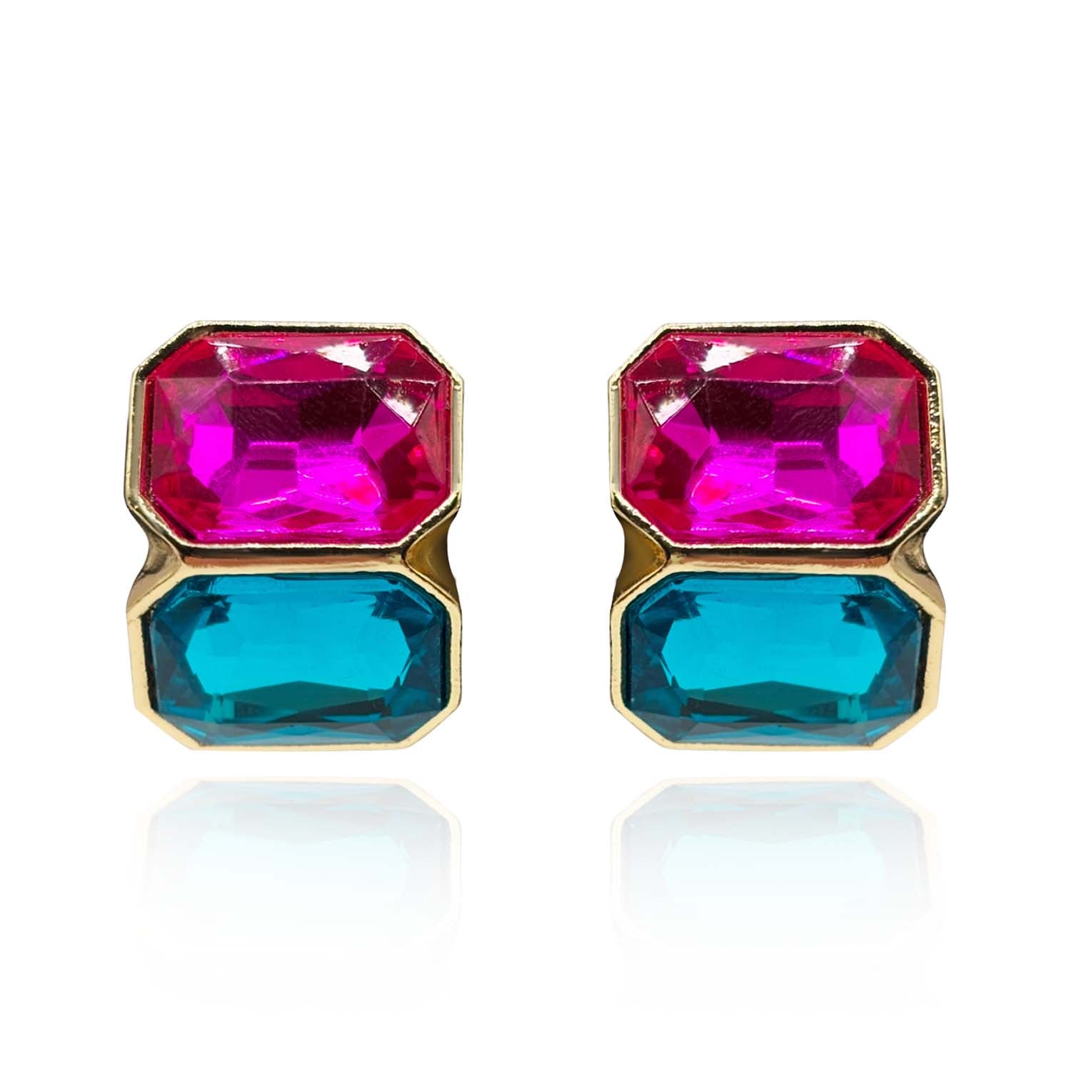 Pendientes de clip con doble piedra fucsia y azul pavo real de Loria