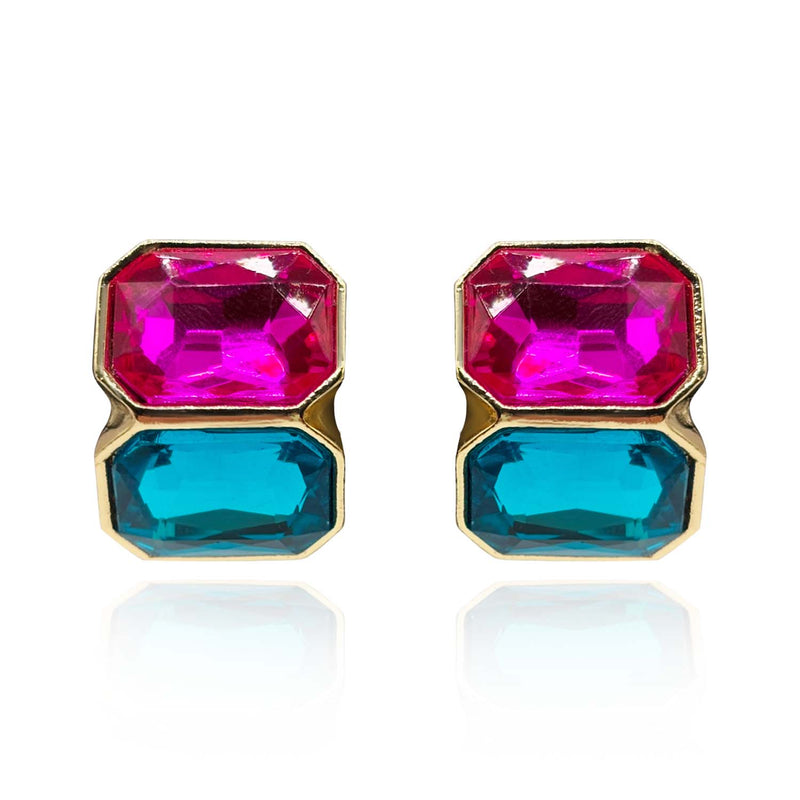 Fuschia And Peacock Blue Double Stone Clip Earrings