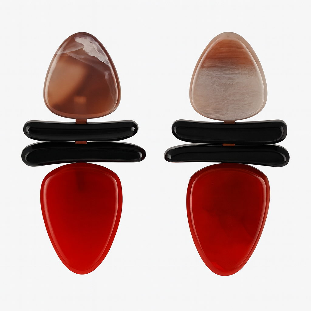 LUISA BONE AND BLACK AND RED CARNELIAN DROP RESIN EARRINGS