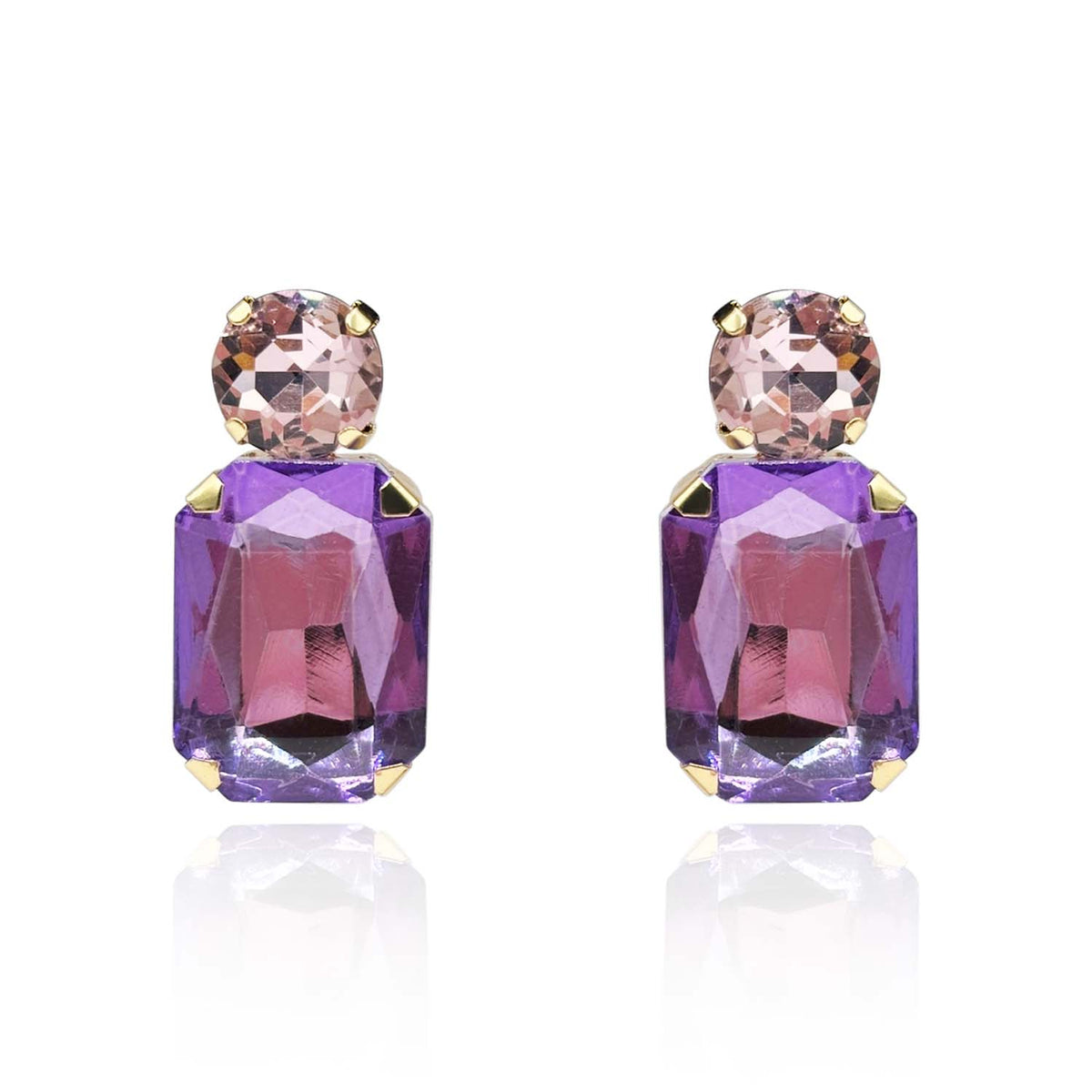 Light Amethyst Crystal Ocatgon And Light Rose Round Stone Drop Earrings