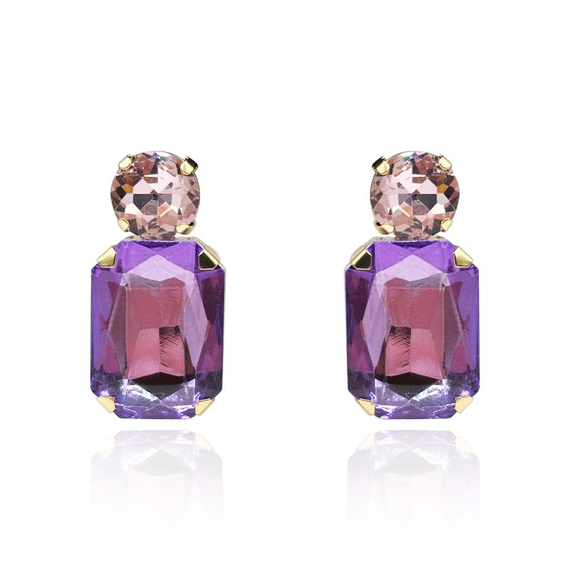 Light Amethyst Crystal Ocatgon And Light Rose Round Stone Drop Earrings