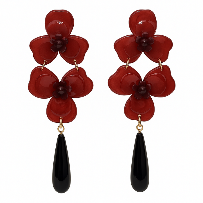 BETH CRANBERRY RED DOUBLE FLORAL RESIN DROP EARRINGS
