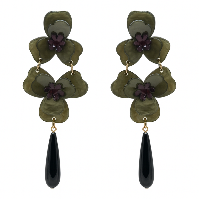 BETH OLIVE DOUBLE FLORAL RESIN DROP EARRINGS