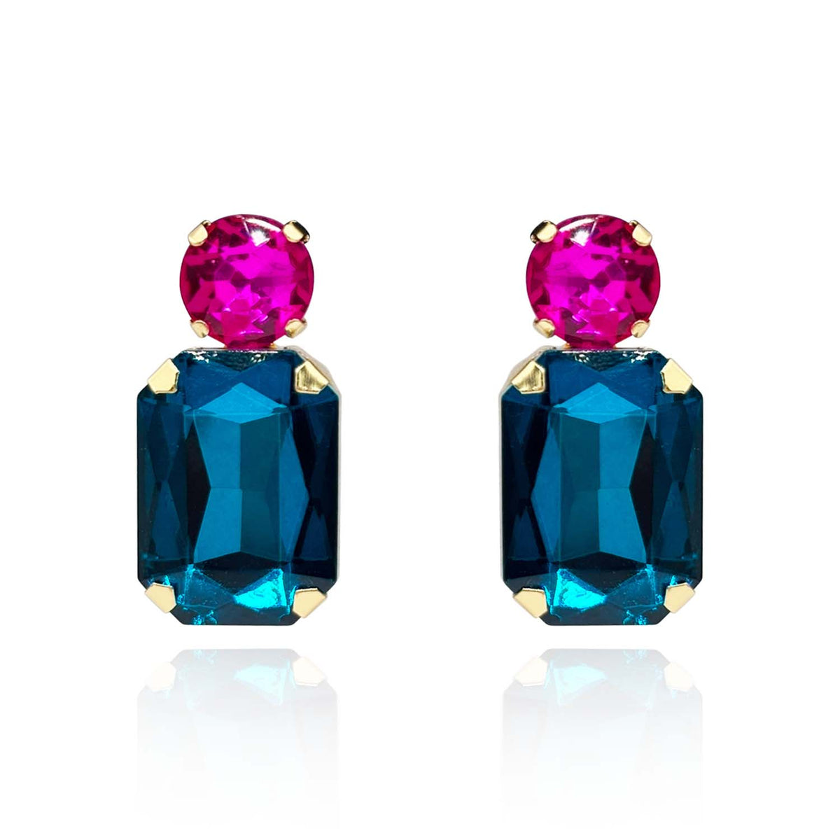 Peacock Blue Crystal Ocatgon And Fuschia Round Stone Drop Earrings