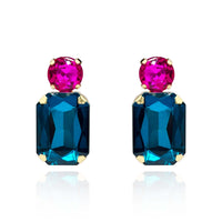 Peacock Blue Crystal Ocatgon And Fuschia Round Stone Drop Earrings