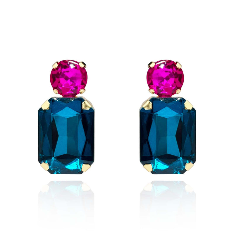 Peacock Blue Crystal Ocatgon And Fuschia Round Stone Drop Earrings