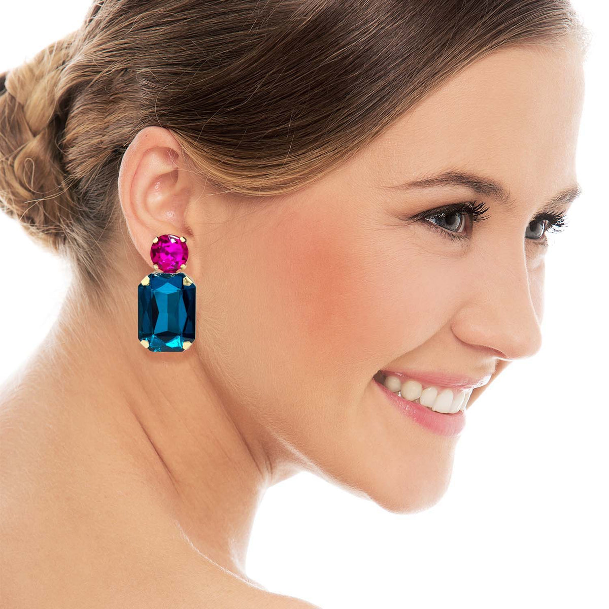 Peacock Blue Crystal Ocatgon And Fuschia Round Stone Drop Earrings