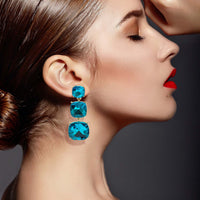 Triple Cushion Shape Teal Drop Earrings