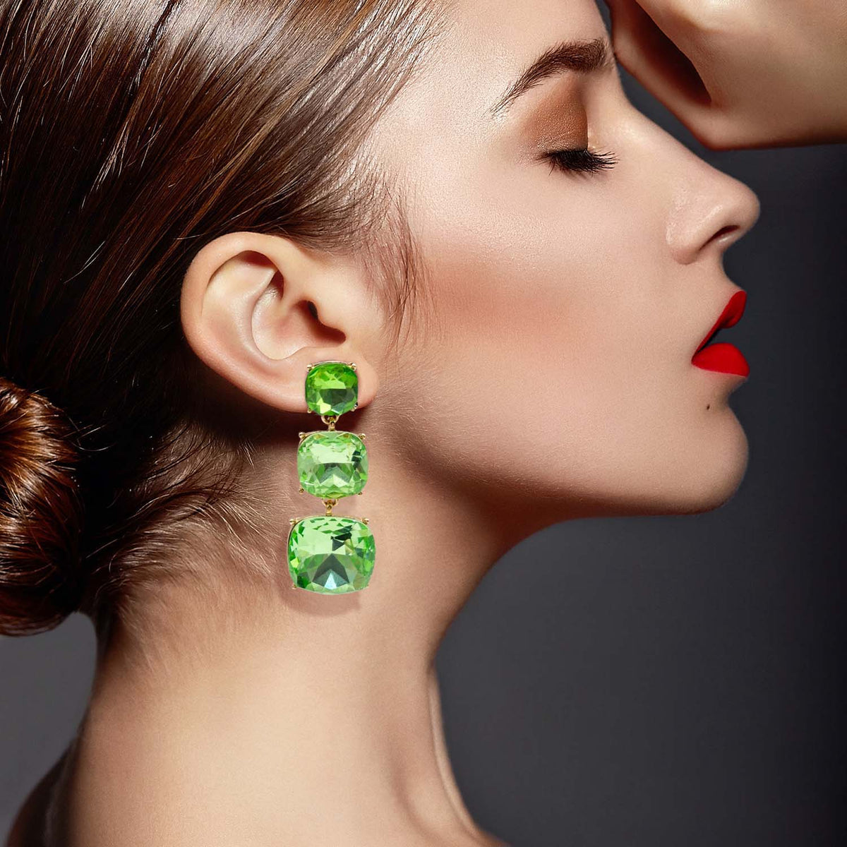 Triple Cushion Shape Peridot Drop Earrings