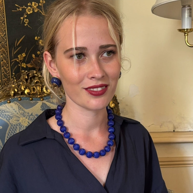 Vicenza Sapphire Carved Sixteen Inches Melon Bead Necklace