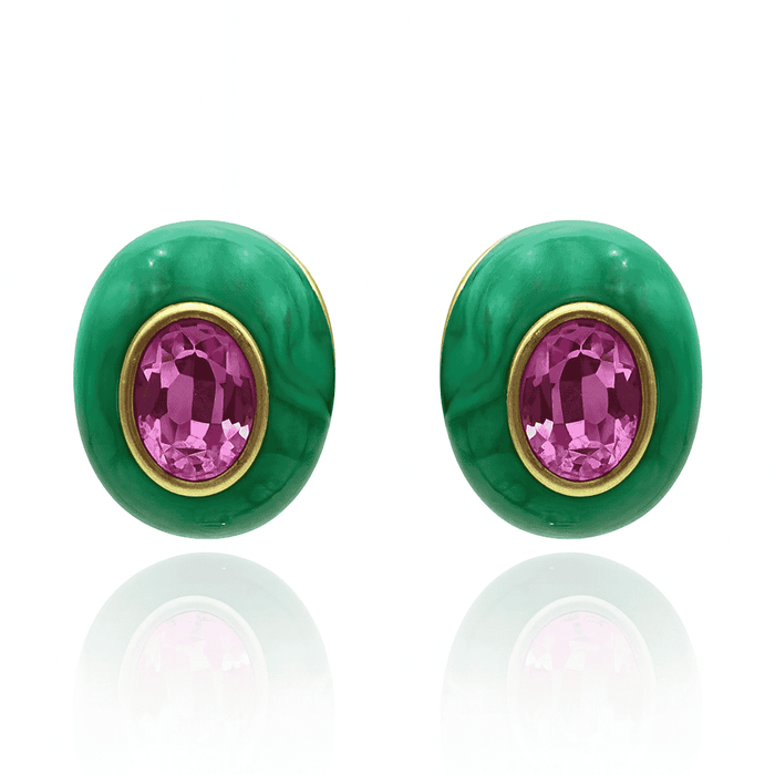 Stephanie Malachite Resin Clip Earring With Pink Glass Stone