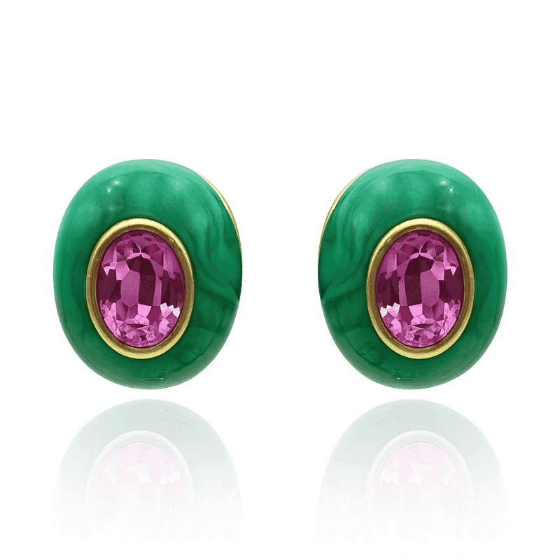 Stephanie Malachite Resin Clip Earring With Pink Glass Stone