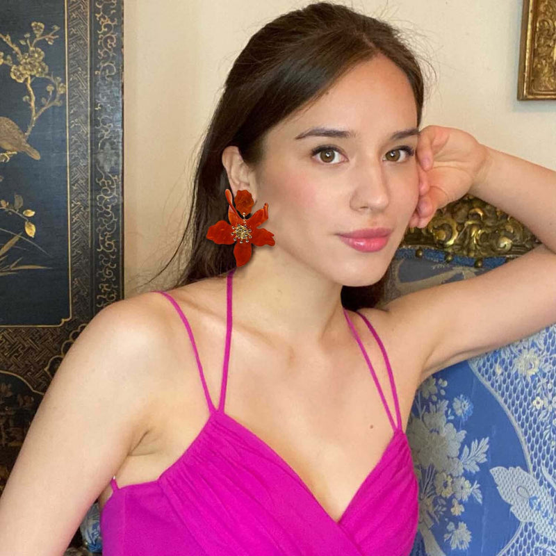 Burnt Orange Floral Resin Drop Earrings