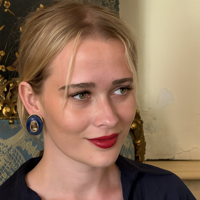 Stephanie Lapis Resin Clip Earring With Smoke Topaz Glass Stone