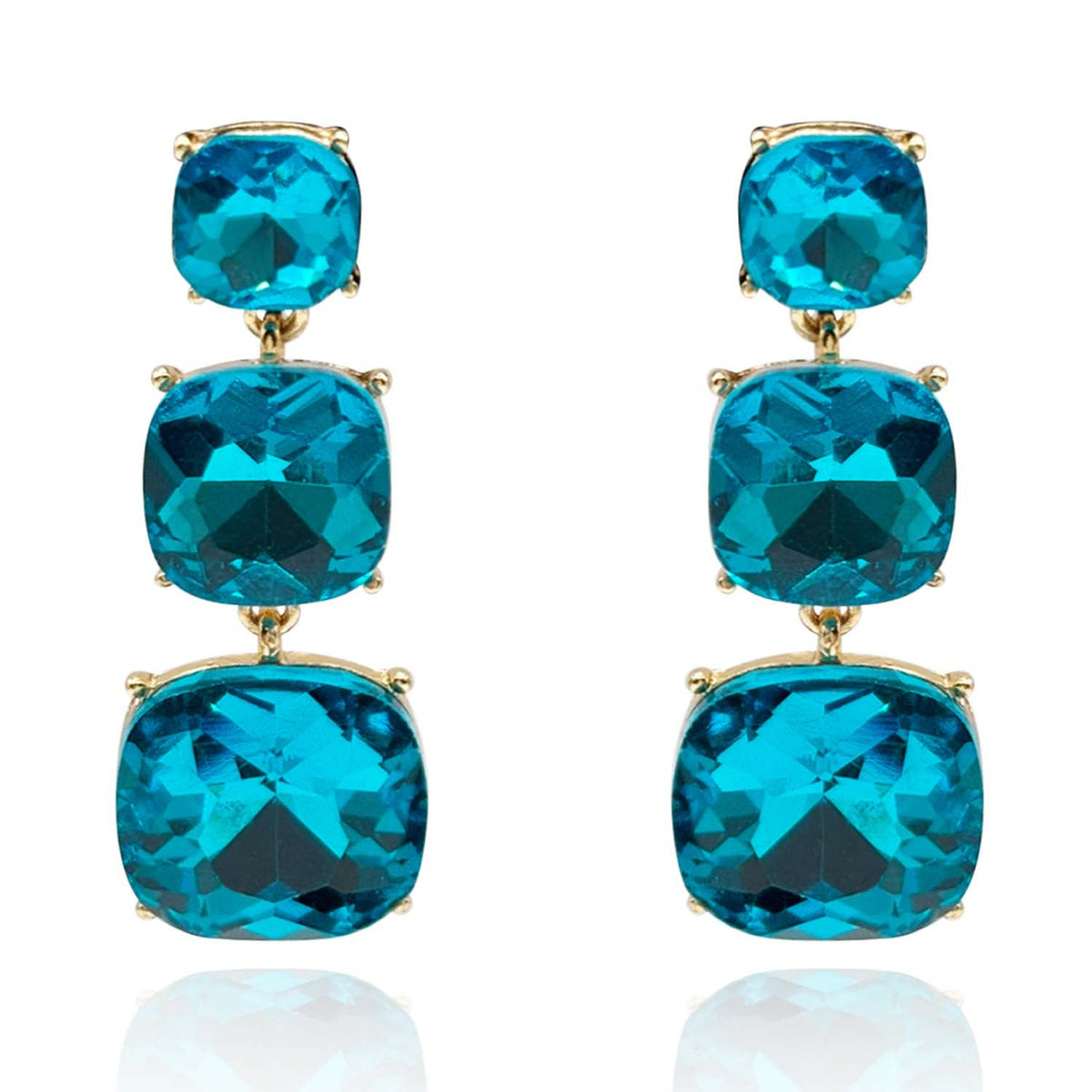 Triple Cushion Shape Teal Drop Earrings