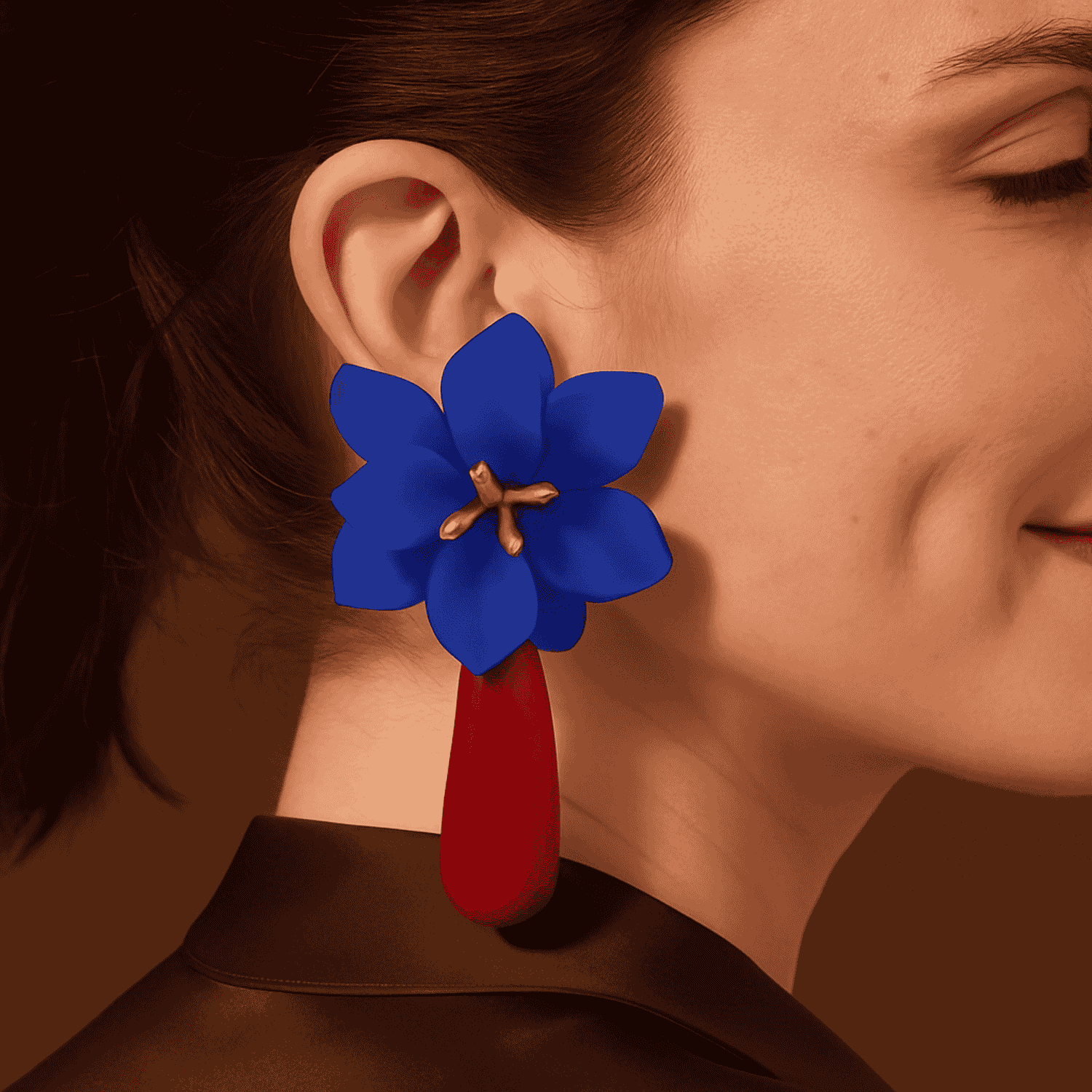 Pendientes de clip colgantes de resina Oriane Flora en azul marino y carey