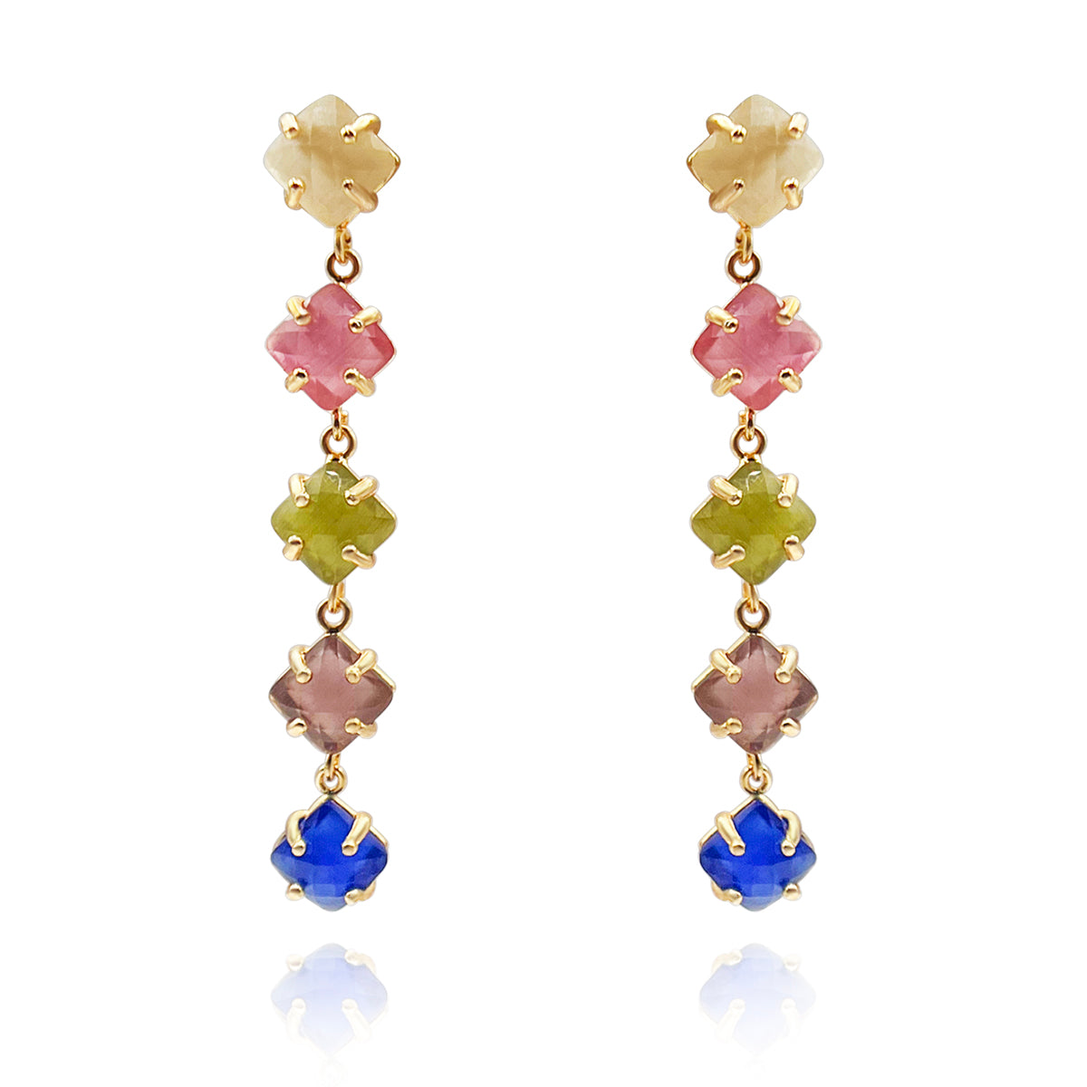 Cushion-Shaped Multi-Color Long Drop Earrings - Pierced Design