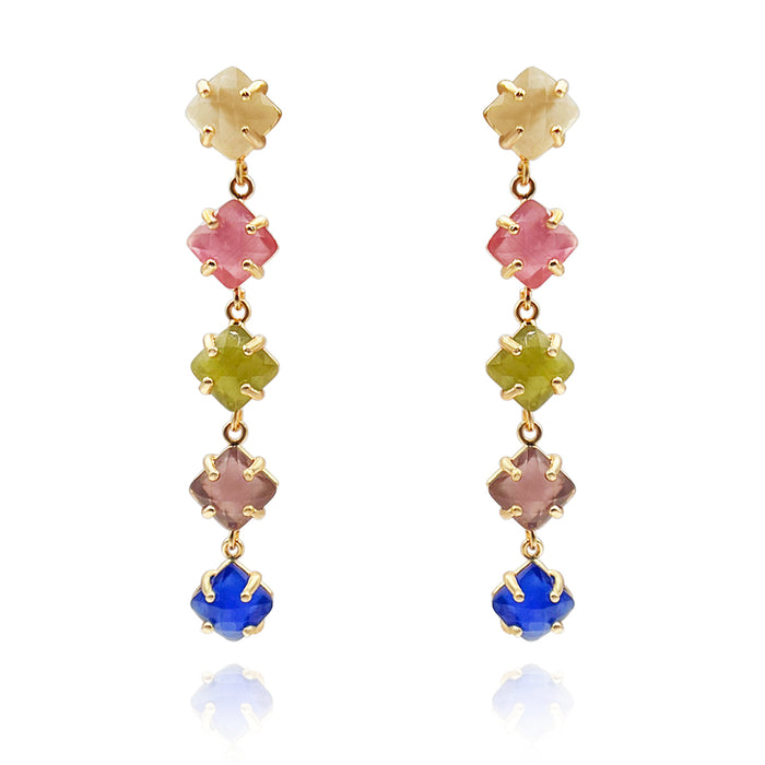 Cushion-Shaped Multi-Color Long Drop Earrings - Pierced Design