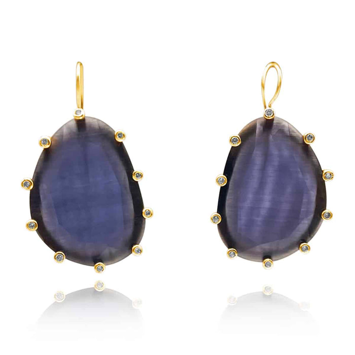 Cat's Eye Sliced Amethyst and CZ Earrings in Brass with Gold-Filled Wires