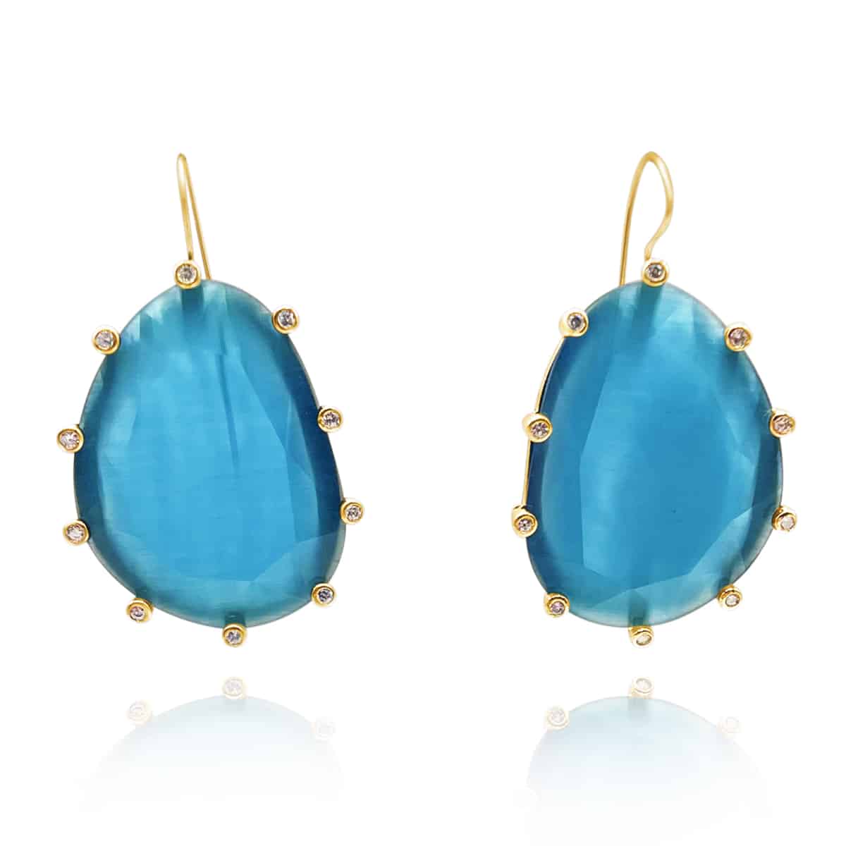 Cat’s Eye Sliced Turquoise and CZ Earrings in Brass with Gold-Filled Wires