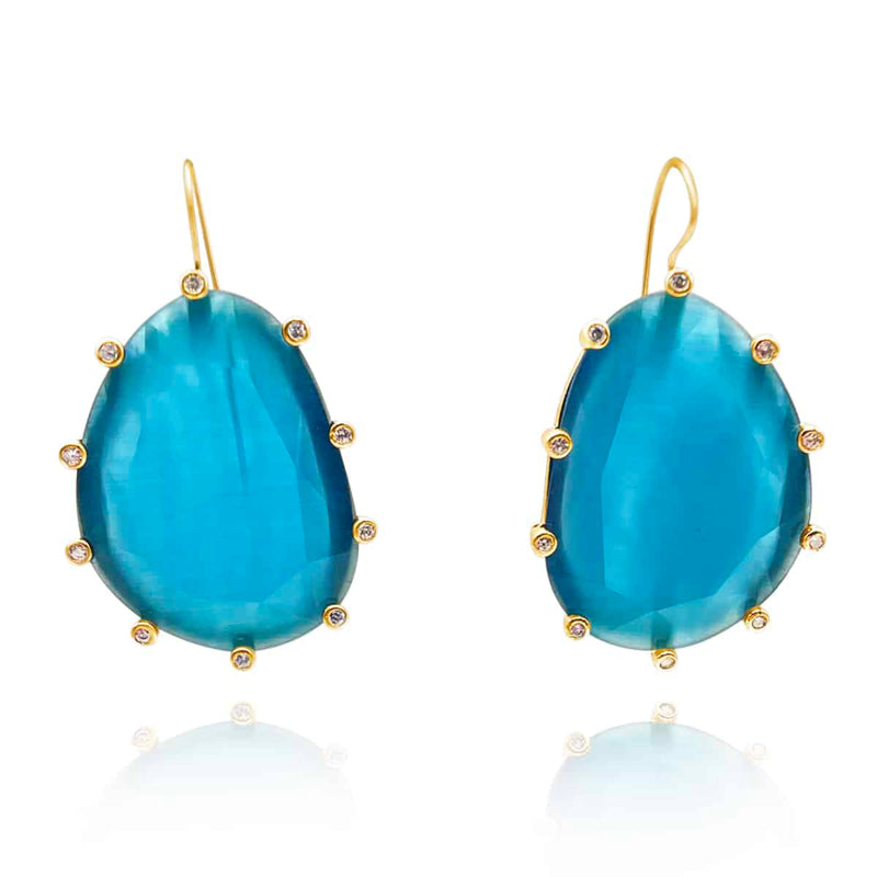 Cat’s Eye Sliced Turquoise and CZ Earrings in Brass with Gold-Filled Wires