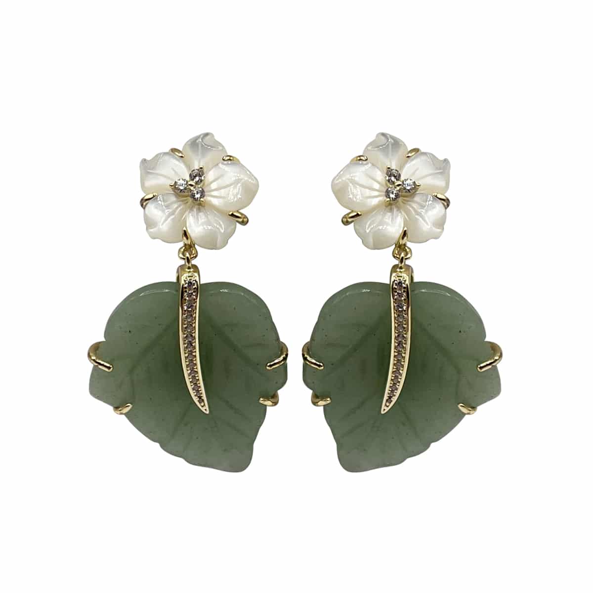 Boucles d'oreilles en nacre avec feuille de jade