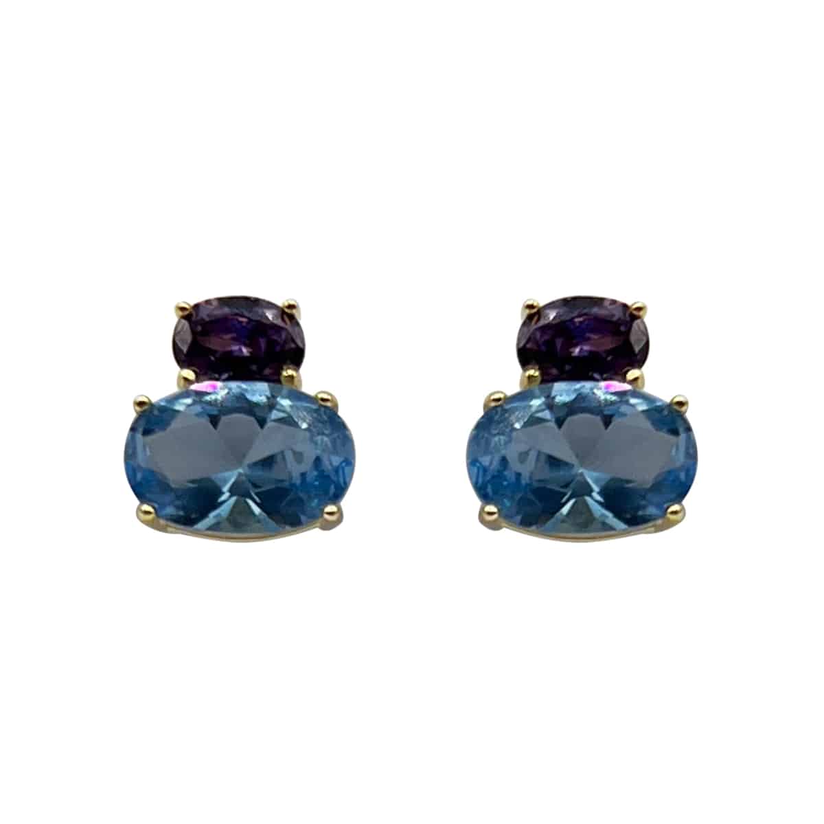 Amethyst & Aquamarine CZ Oval Button Earrings in Silver Vermeil